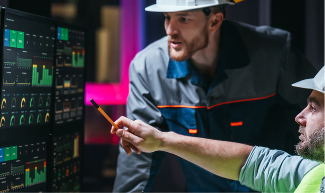 An Albireo Energy employee pointing to a building automation system.